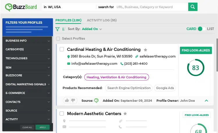 Clicking on “FIND LOOK-ALIKES” shows users similar businesses that share the same category, location, and digital signals.